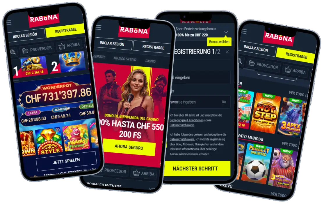 Rabona Casino aplicación móvil con juegos, bonos y formulario de registro en dispositivos móviles