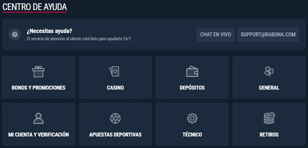 Rabona Casino centro de ayuda con chat en vivo, soporte y categorías de asistencia
