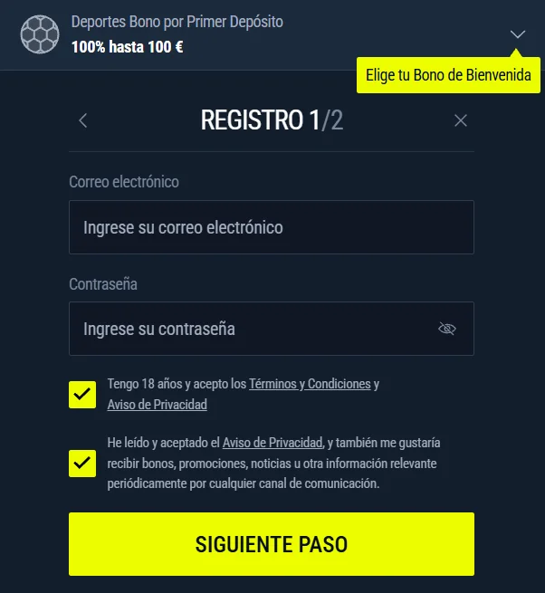 Rabona Casino formulario de registro con bono de bienvenida y creación de cuenta